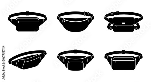 Black Fanny Pack Icons, Waist Bag Vector Set, Belt Pouch Collection, Modern Hip Pack Graphics