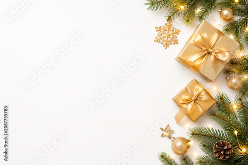 Elegant Christmas Border with Golden Gifts and Festive Copy Space