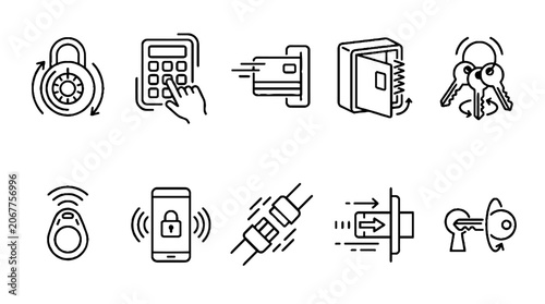 Security and Access Control Line Icon Set Featuring Locks Keys and Digital Protection Symbols.