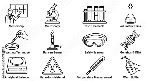 Science and Laboratory Equipment Line Icon Set Featuring Research Tools and Medical Symbols.