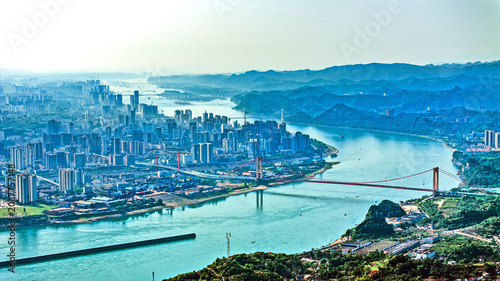 Bild auf Leinwand Chongqing Two Rivers Confluence Aerial City View