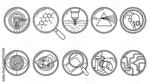 Set of scientific research and laboratory experiment icons in thin line style.