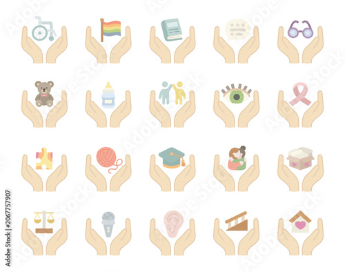 Inclusion support icon set featuring wheelchair flag book dialogue glasses teddy bottle friendship eye ribbon puzzle yarn graduation cap embrace package balance microphone hearing ramp