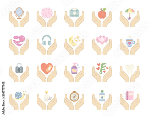 Mental health icon wellness set featuring mirror brain first aid apple umbrella heart headphones moon lotus teacup lock bandage dispenser