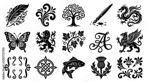 Vintage Heraldic Emblems: Feather, Dragon, Lion, Griffin, Fish, Thistle, Tree, Calligraphy A, Pen