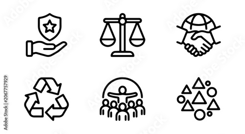 Modern Business Icons: Ethics, Justice, Partnership, Sustainability, Community, Diversity