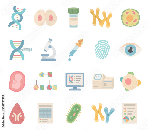 Genetics research set featuring dna helix cell division sample container female chromosomes nucleus injection microscope pipette fingerprint eye embryo molecule