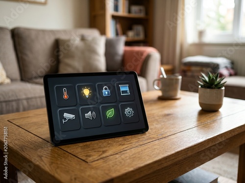 Smart home control tablet displaying house automation icons on wooden table
