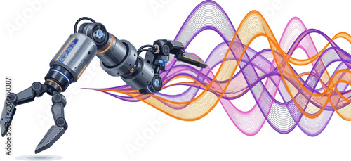 A futuristic robotic arm moves swiftly through vibrant colorful waves in a technological environment.