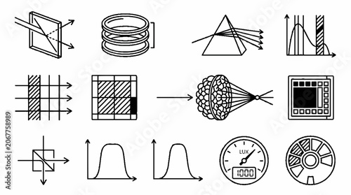 Scientific Physics and Optics Icons Set with Prism Light Refraction and Waveform Graphs.