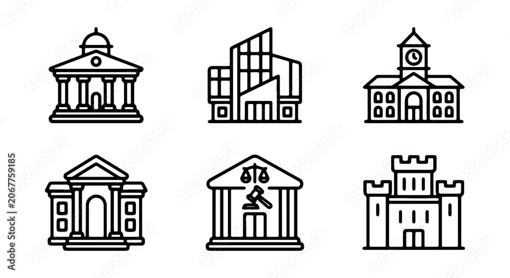 Fototapeta premium Government Building Icons, Civic Architecture Set, Courthouse and Castle Vector Graphics