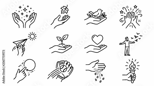 Set of hand gestures and human interaction icons in thin line style.