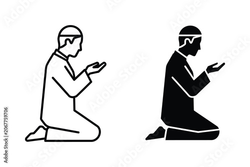 Photography Muslim prayer vector illustration line art two men kneeling worship religious ri