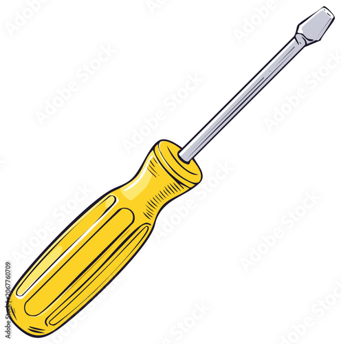 Yellow Screwdriver with Metal Shaft and Tip, Hand Tool, Isolated Illustration