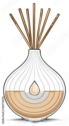 Aromatic diffuser with wooden reeds and oil droplet inside a bulb shaped glass bottle