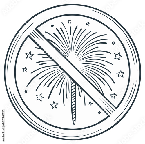 No fireworks allowed sign vector illustration. Hand drawn sketch of a prohibited pyrotechnics warning symbol.