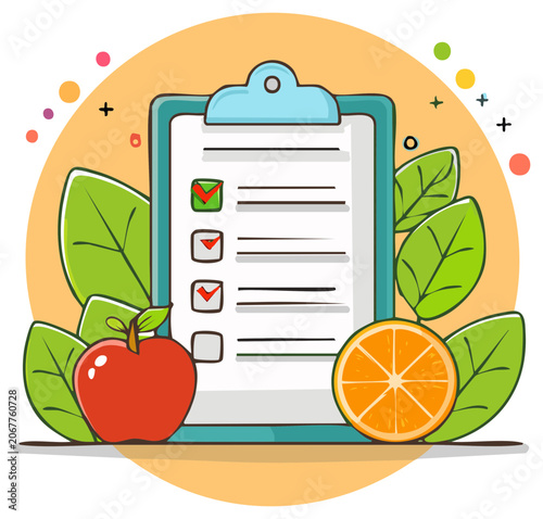 Healthy eating habit tracking on a clipboard with checkmarks, fresh apple, and orange slice illustration.