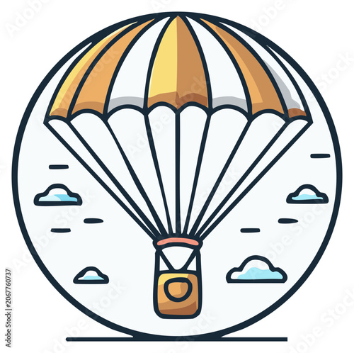 Parachute emblem illustration in a circular frame with clouds, cartoon style, vector.