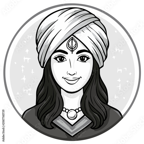 Monochrome animation portrait of a smiling Sikh woman wearing a traditional turban