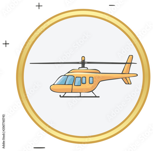 Cartoon Style Helicopter in Gold Bordered Circle, Aircraft with Rotor and Windows
