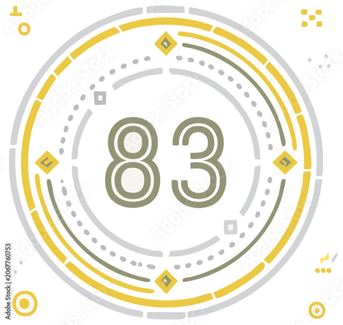 Number 83 in a Circular Design with Geometric Accents and Futuristic Elements