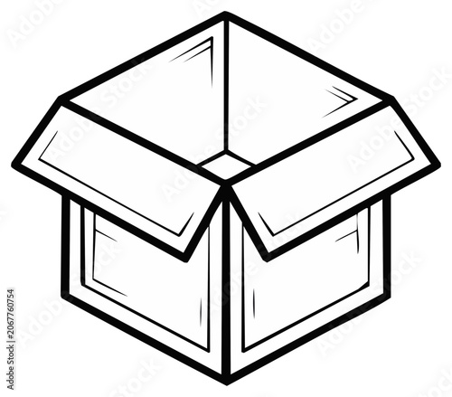 Open Cardboard Box Illustration in Black and White for Delivery Shipping and Moving Needs