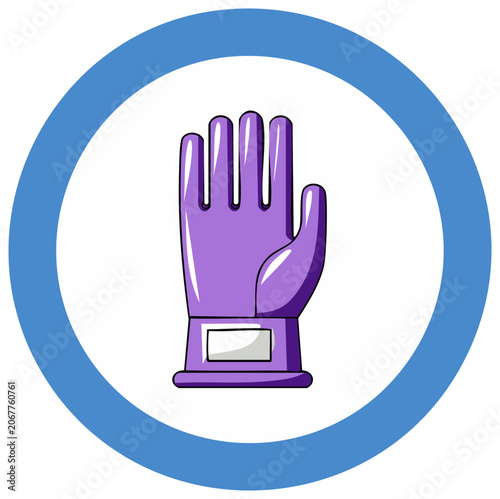 Cartoon illustration of a purple glove inside a blue circle symbol