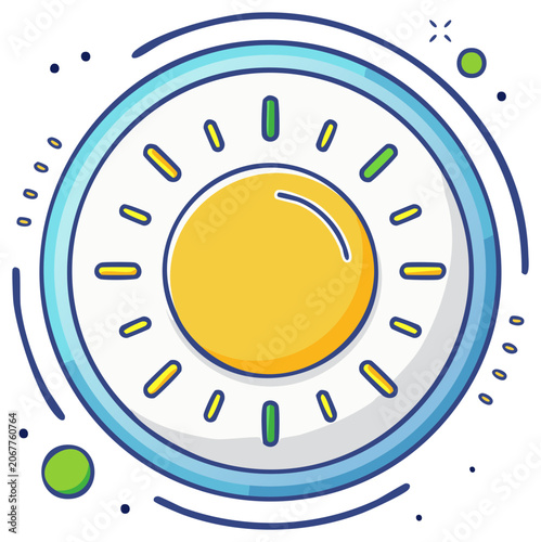 Stylized cartoon sun icon with bright rays in a blue circle. Cheerful weather symbol for climate and forecast.