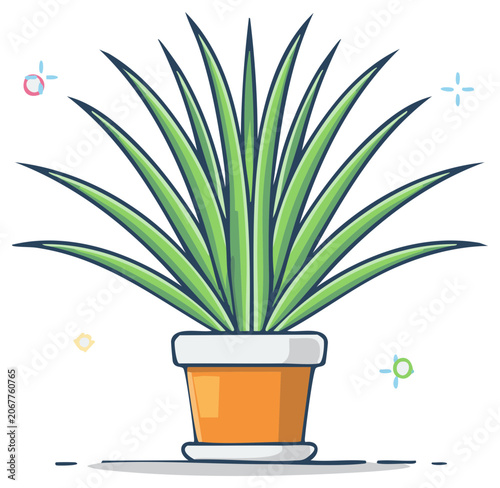 Cartoon illustration of a plant in a pot with long, pointed leaves and some decorative elements floating around it.