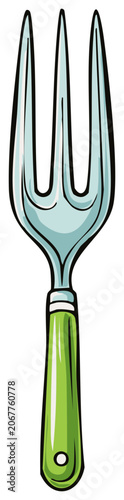 Vibrant cartoon illustration of a garden hand fork with a green handle and three prongs