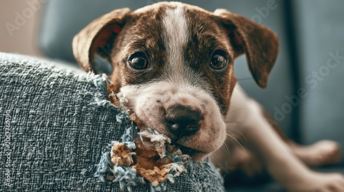 A playful puppy covered in crumbs, enjoying a snack on a cozy couch. Dogs chewing on furniture