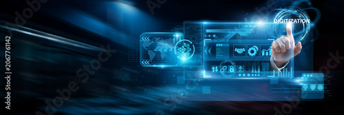Obraz na plátně Businessman uses virtual smart dashboards analyzing digitization data and business transformation, workflow automation, technology adoption, operational efficiency