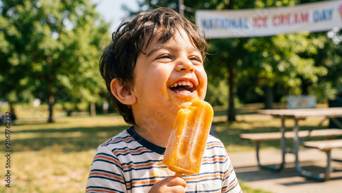 National Ice Cream Day celebration with Middle Eastern toddler boy eating orange mango popsicle for diverse summer treat holiday marketing and promotional content