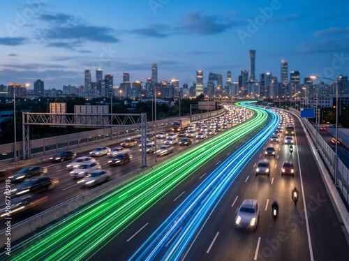 Evening rush hour traffic on a multi-lane highway in Beijing with long exposure light trails