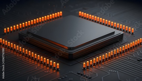 Computer Chip on Circuit Board with Glowing Pins