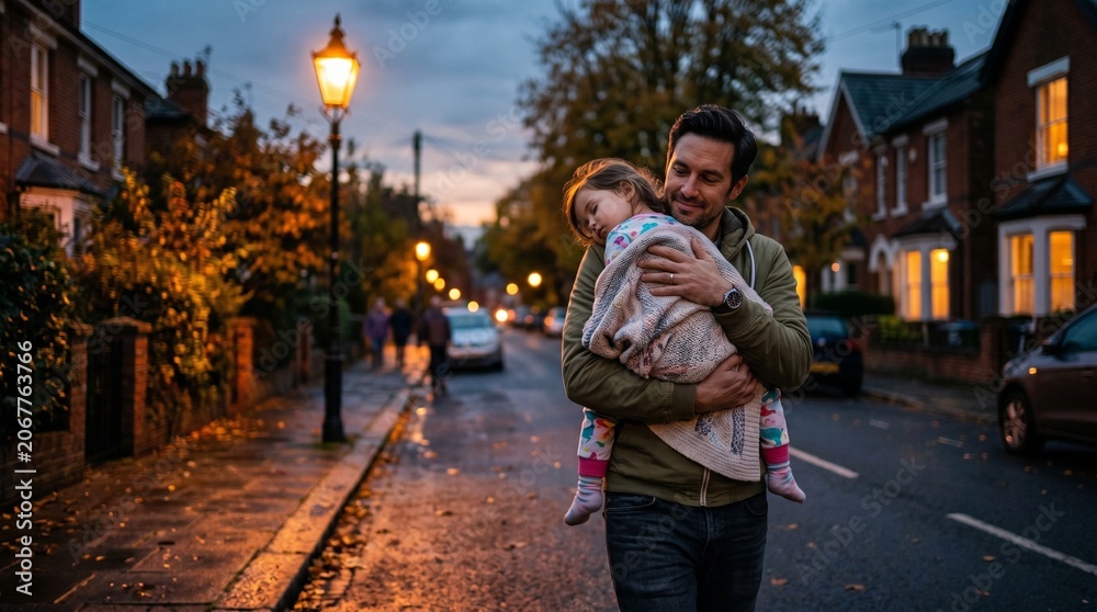Obraz premium Caring father gently carries his sleeping young child through a quiet residential street at dusk, a sweet family moment