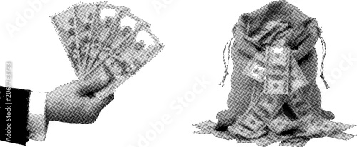 Tableau sur toile Businessman hand holding fan of dollar bills next to sack overflowing with cash