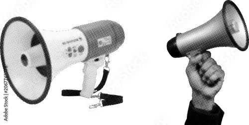 Billede på lærred Megaphone loudspeaker and hand grasping a megaphone on white background