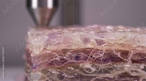 A close-up view of a pink and purple gelatinous cube-like object with a metallic tool behind it in a laboratory setting.