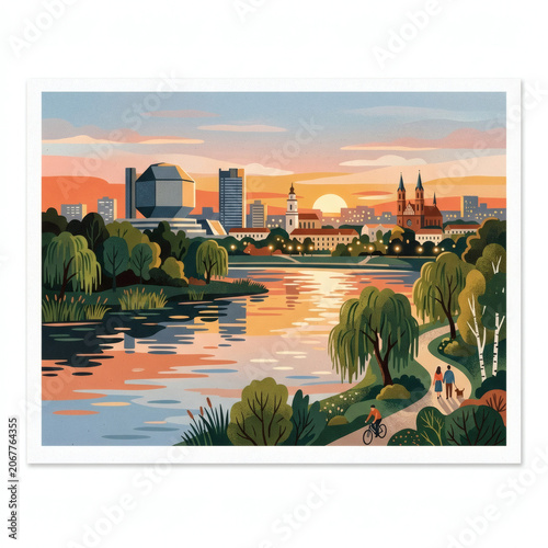 Serene Sunrise Over Urban Landscape By The Riverbank With Modern Architecture