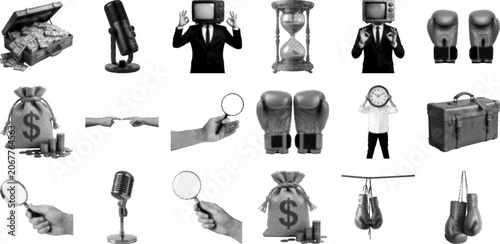 Foto Black and white images of business and boxing related objects and people  variou
