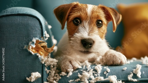 A playful puppy surrounded by fluffy mess on a couch, evoking a sense of mischief and joy. Dogs chewing on furniture
