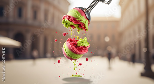 Ice cream scoop drops colorful fruit gelato onto a blurred city square background.