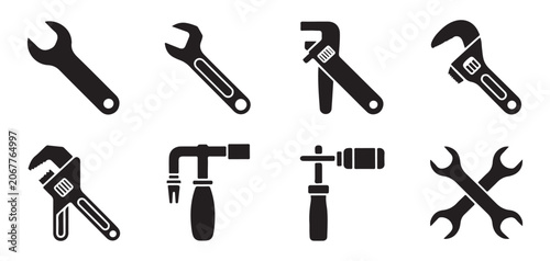 Professional plumbing and mechanical hand tools icons including various wrenches and spanner set.