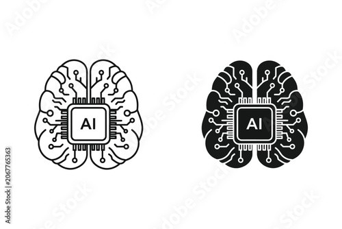 Artificial intelligence brain vector illustration, flat and line styles