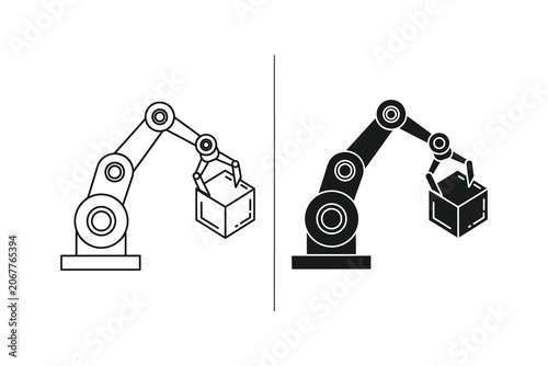 Robotic arm holding cube, line and solid illustration