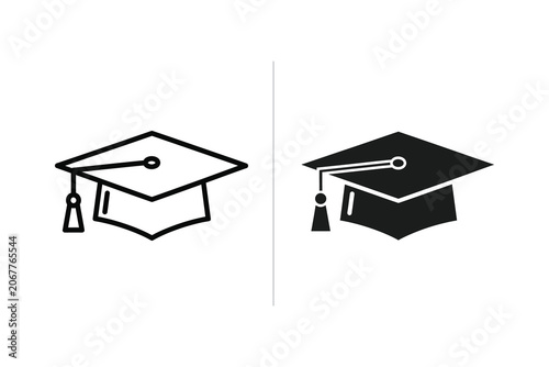 Graduation cap vector illustration with tassel, line art academic hat symbols on white background