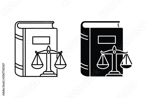 Law book and scales vector illustration, line art and silhouette