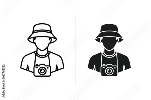 Vector flat illustration of two photographers wearing hats and cameras around necks
