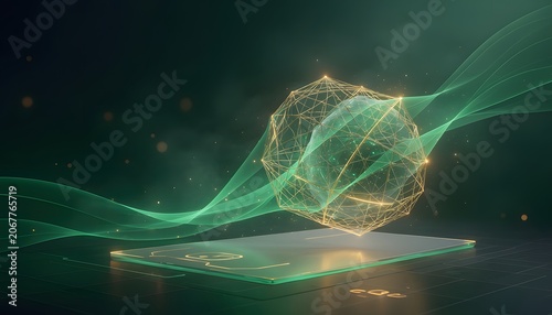 Glowing geometric sphere floating above a glass platform with green waves in a dark abstract setting